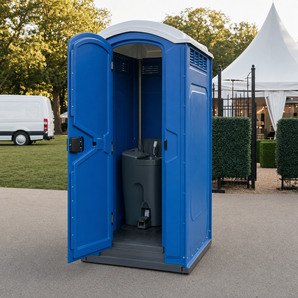 Deluxe flushing portable toilet with hand sanitizer dispenser at an outdoor festival entrance